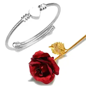 Fashion Frill Valentine Gift For Girlfriend Bracelet For Women Heart Silver Plated Kada Bracelets With Golden Flower Love Gifts