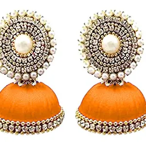 thread trends Silk Thread Dori Orange Color Beads Stone Jhumki Earring for Women