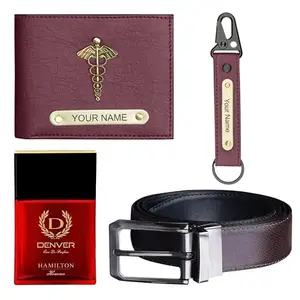 The Wallet Store Mens Essential Leather Wallet With Keychain Belt & Perfume Gift Set For Him (Cherry)