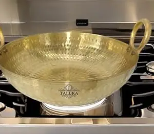 Taluka With T Logo Taluka Heavy Weight Pure Brass Kadai for Cooking 1.25L/1250 ML Teflon Free Non Stick Handcrafted Kadhai (9.5x9.5x2.5 Inches)