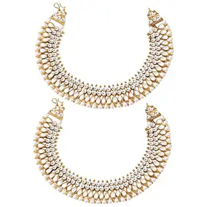 NM Creation Charms Golden White Antique Kundan Anklet For Women And Girl.