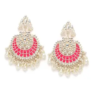 Zeneme Gold-Plated Kundan studded Crescent Shaped Chandbali Earrings for Girls and Women (Red & Off White)