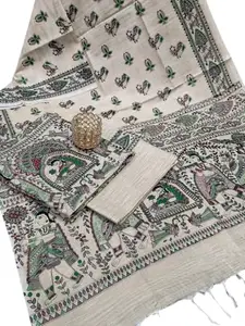 ART GALLERY Madhubani Print Cotton Salwar Suit, Unstitched Fabric Set with Top Bottom Dupatta, Handcrafted