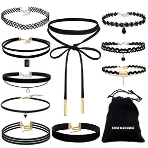 Paxcoo 10 Pieces Choker Necklace for Women Girls, Black Classic Velvet Stretch Gothic Tattoo Lace