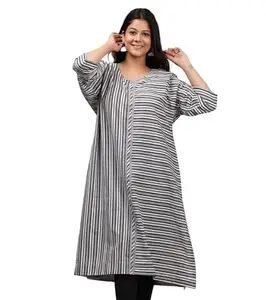 MRS Fashion Women Gray Cotton Night Dress Striped Printed Kaftan Dresses Maternity Dress Night Suits for Women Cotton All Seasons Dresses Jaipuri Kaftan Nighty for Women