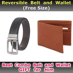 Royal Reliable Reversible PU Standard Leather Belt and Wallet with Card Slot Album. (1 Belt Free Size & 1 Wallet Tan Colour)