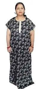 Cotton Blend Block Print Nightgown, Round Neck, Short Sleeve, Full Length, Side Pockets, XXL-XXXL, Black