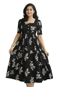 Women's Round Neck Floral Block Printed Elbow Sleeves Front Button Detailing Layered and Tiered Hem Kurti Gown