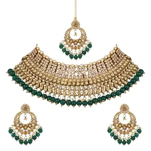 I Jewels Gold Plated Traditional Kundan Pearl Choker Necklace Jewellery & Earrings Set For Women Girls (M4173G)