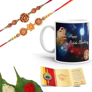 Chinove Rose and OM Elegant Design Handmade Rakhi’s for Brother and Bhabhi Set of 2 with Wishing Card, Roli Chawal and Printed Ceramic Mug (SM19)