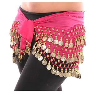 FDF Pink Belly Dance Hip Scraf Waistband Belt Skirt with 128 Gold Coins for Girls and Women