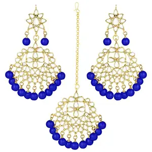 Amazon Brand - Anarva Traditional Gold Plated Pearl and Blue Kundan Maang Tikka with Earring Set for Women