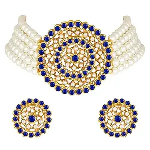 Peora Gold Plated Pearl Diamond Choker Necklace with Round Earrings Traditional Jewellery Set (White-Blue) For Womens