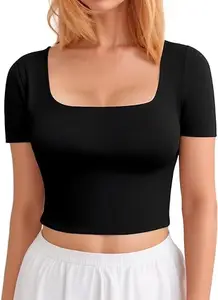 BNK Fashion deep Neck Crop Tops for Women Square Neck Tops Short Sleeve Crop Tops Basic Cropped T Shirts for Women Slim Fit Crop (Large, Black)