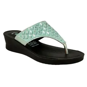 AEROBLU Green Synthetic Casual Flexible Thong Strap Lightweight Open Toe Dotted Design Platform Slipper For Women (AEKM97-GREEN-39)