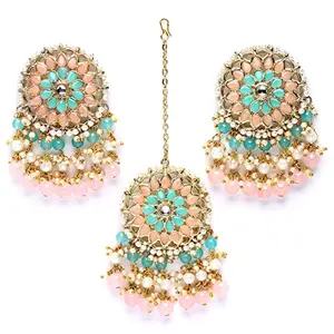 Karatcart Gold Plated Pink and Light Blue Kundan Earrings and Maangtikka Combo Set for Women