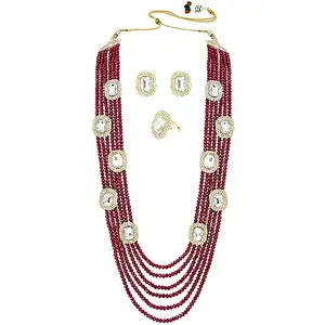 Peora Gold Plated Maroon Beads Studded Ethnic Long Necklace Stud Earrings & Finger Ring Set Traditional Fancy Jewellery Gift for Women & Girls