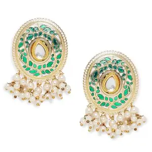 fabula Jewellery Green Meenakari Stud Earrings - Kundan & Pearls Studded in Oval Shape For Women & Girls Stylish Latest (G-EHC209_AFR1)
