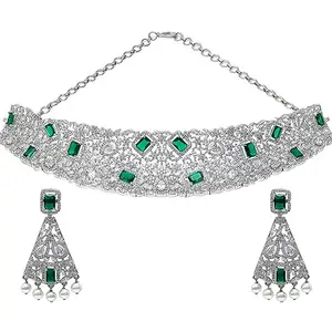 VOYLLA CZ Elegance Green and White Gems Necklace Set