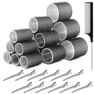 SIYAA 31 Pcs Black Hair Roller Set,18 Pcs Heatless Hair Rollers 3 Size Hair Clips and 1 Comb Hair Rollers for Long,Medium and Short Hair (Black(2.36in,1.73in,1.26in))