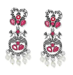 OOMPH Jewellery Oxidised German Silver with Maroon Stone & Pearls Peacock Ethnic Drop Earrings for Women/Girls