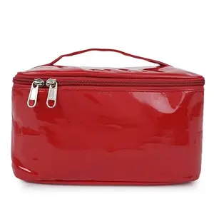 CIMONI CIMOMI® Travel Cosmetic Makeup Pouch Bag Travel Organizer Bag Portable Pouches for Women Open Flat Toiletry Bag Make Up Organizer with Divider and Handle Red