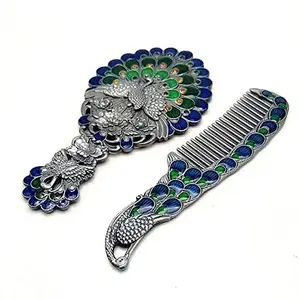 Gola International Gorgeous Vintage Peacock 1 Piece Mirror and 1 Combs | | Peacock Mirror, Metallic Silver, Gorgeous