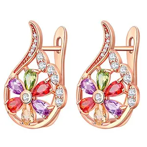 Peora Multicolor AAA Cubic Zircon 18K Rose Gold Plated Clip-on Floral Hoop Earrings for Women and Girls