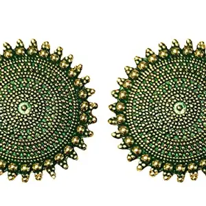La Belleza Traditional Oxidized Antique Big Stud Earring for Girls and women (Green)