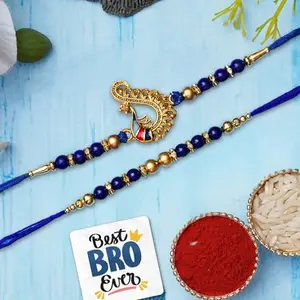 eCraftIndia Set of 2 Blue & Golden Pearls and Peacock Designer Rakhis with Roli Chawal Pack and Best Bro Ever Fridge Magnet - Rakhi for Brother, Bhaiya, Bhai