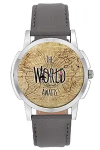 BIGOWL Travel Watch Awesome Vintage World Awaits & I Must Go World Map Design Leather Strap Casual Wrist Watch for Men - Perfect Gift for Travellers - Watch with Moving Airplane Seconds Hands