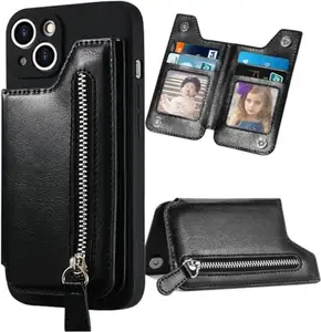 Wallet Case for Phone, Zipper, 4 Card Slots, Black Artificial Leather