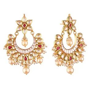 ACCESSHER Jadau Kundan, Ruby And Pearl Chandbali Gold Plated Dangle Earrings For Women and girls pair of 1