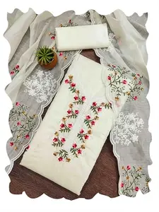 Kimisha Women's White Chanderi Cotton Embroidered Unstitched Dress Material