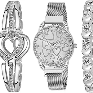 Red Robin Alluring Analogue Silver Dial Silver Magnet Strap Graceful Stylish Wrist Watch for Women, Pack of 3 - C23-12HEART-SIL-SLM-DANI-WH-DMD-HEART-SIL-BRCLT