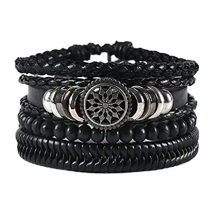 Vientiq Men's Oxidised Silver Wheel Leather Black Beads Bracelet