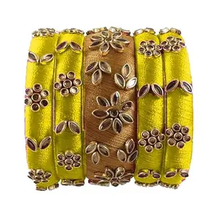 HARSHAS INDIA CRAFT Silk Thread Bangles Stones Chuda Bangle Set (Gold-Lemon Yellow) (Size-2/6)