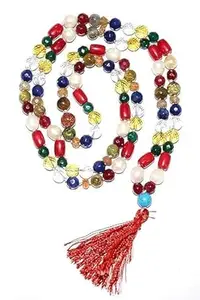 Suklesh's Multicolored Beaded Prayer Mala Necklace with Red Tassel, Glass and Pearl Beads, Traditional Design