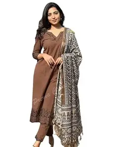 Gulmohar Enterprises Women Pure Cotton Embroidery Straight Kurti with Pant & Dupatta Set (Brown)