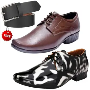 Attractive Trendy Formal Shoes/Party Shoes/ 2 Shoes Combo with Free Belt for Men and Boys (BAZAAR9555_VTR01-Blk-Slvr004-Brwn-1-Blk) Multicolor