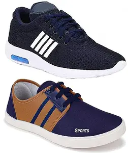 WORLD WEAR FOOTWEAR Soft, Comfortable and Breathable Canvas Lace-Ups Sports Running Shoes for Men (Navy and Brown, 6) (S3947)