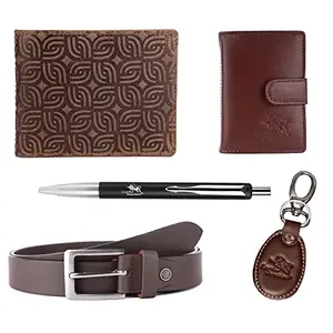Leather Junction 5 in 1 Gift Set Brown Wallet | Belt | Card Holder | Key Ring | Pen for Men (361050103072KH40)
