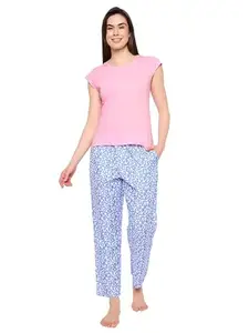 Clovia Women's Pretty Florals Pyjama & Basic Top Set (COMLS0641_Multicolor_XL)