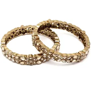 Karatcart Set of 2 Antique Gold Plated Floral Shape Kundan Rajwadi Bangles for Women