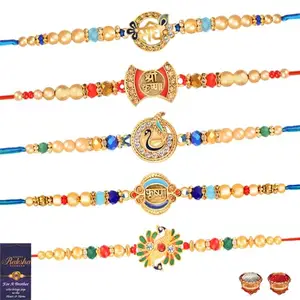 De Marquis 5 Designer Rakhi Sets | RG-06662 Pearl, Kundan, Mauli Thread Rakhee for Brother | Roli-Chawal | Best Wishes Greeting Card (Pack of 5 Rakhees)