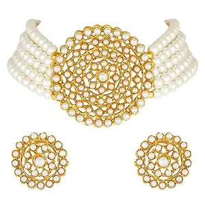 Peora Gold Plated Pearl Diamond Kundan Choker Necklace with Round Earrings Traditional Jewellery Set For Womens