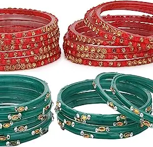 Somil Combo Of Party & Wedding Colorful Glass Bangle/Kada, Pack Of 24, Red,radium