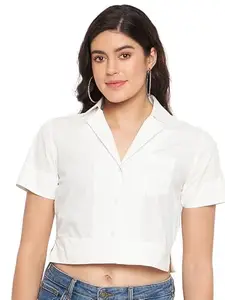 BRINNS Solid Opaque Women's Classic Fit Spread Collar Crop Shirt with Patch Pocket and Short Sleeves(White)
