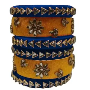 pratthipati's Silk Thread Bangles Ladies Trendy Designer Bangle Set Color (Navy Blue-Yellow) (Set of 6) (Size-2/6)