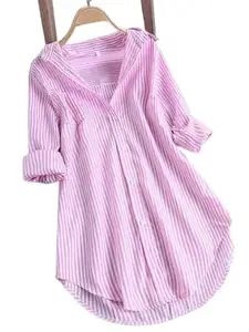 Popuppataka Women's Cotton Shirt | Hand Wash | Solid | Pink Stripe | 3XL|2021-132-3XL